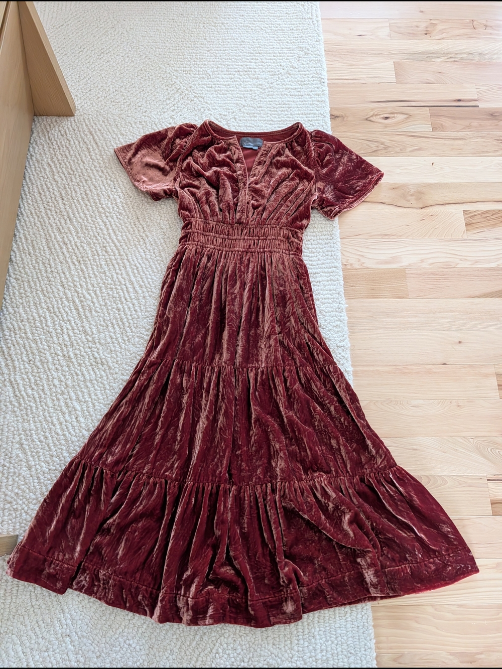 Anthropologie Crushed Velvet Tiered Maxi Dress - Rust